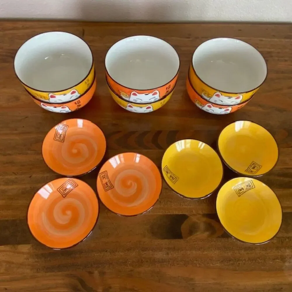 Japanese Maneki Neko Lucky Cat - 6 Rice/Noodle Bowls  + 6 Soy Sauce Dish